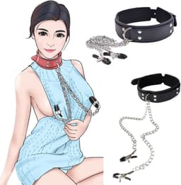 Verstelbare BDSM halsband voor vrouwen – PU leer nekband met kettingen & tepelklemmen voor bondage, rollenspel, SM & kinky dominantie — thumbnail 4