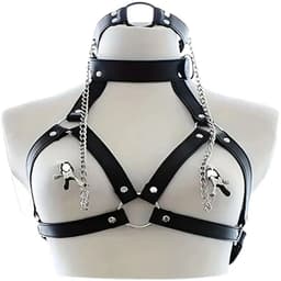Verstelbaar BDSM-harnas voor vrouwen met tepelklemmen en gag. Leren bondage harnas voor rollenspel – beginners & gevorderden - SM - Kinky - Fetish — thumbnail 3