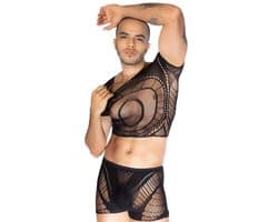 Transparante Visnet Body voor Heren - 2-delig - Sexy Mesh Set - Incl. Zwarte Kruis-Tepelstickers - One Size S-L | LekkerStout | ( LS326 )