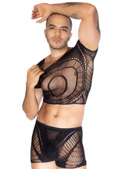 Transparante Visnet Body voor Heren - 2-delig - Sexy Mesh Set - Incl. Zwarte Kruis-Tepelstickers - One Size S-L | LekkerStout | ( LS326 ) — thumbnail 1