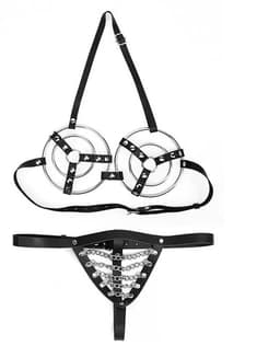 vscnovelty® - BDSM lingerie set - Leer en metaal - BH met string - ook voor Grote borsten — thumbnail 3