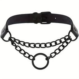 Choker met ring ketting zwart – Gothic PU-leer Halsketting – Verstelbaar – Geschikt voor 40 cm hals — thumbnail 2