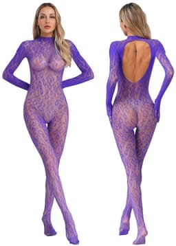 Paarse dames bodystocking met panterprint en open rug – One Size — thumbnail 3