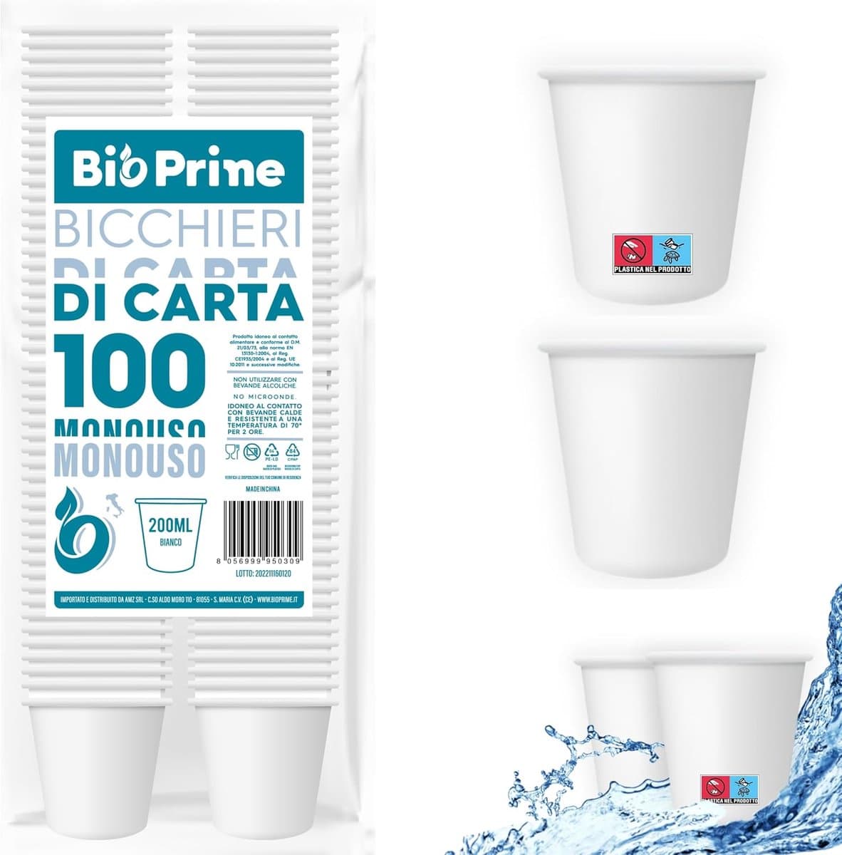 Bio Prime - Pack of 100 - Paper Water Cups 200 ml - Biodegradable Cups - for Hot Drinks, Water and Drinks - ShopVlot — afbeelding 1