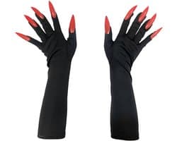 1 paar Halloween lange rode vingernagels handschoenen party kostuum lange nagels spookpoot heks duivel poot handschoenen voor kostuum Halloween party cosplay (zwart)