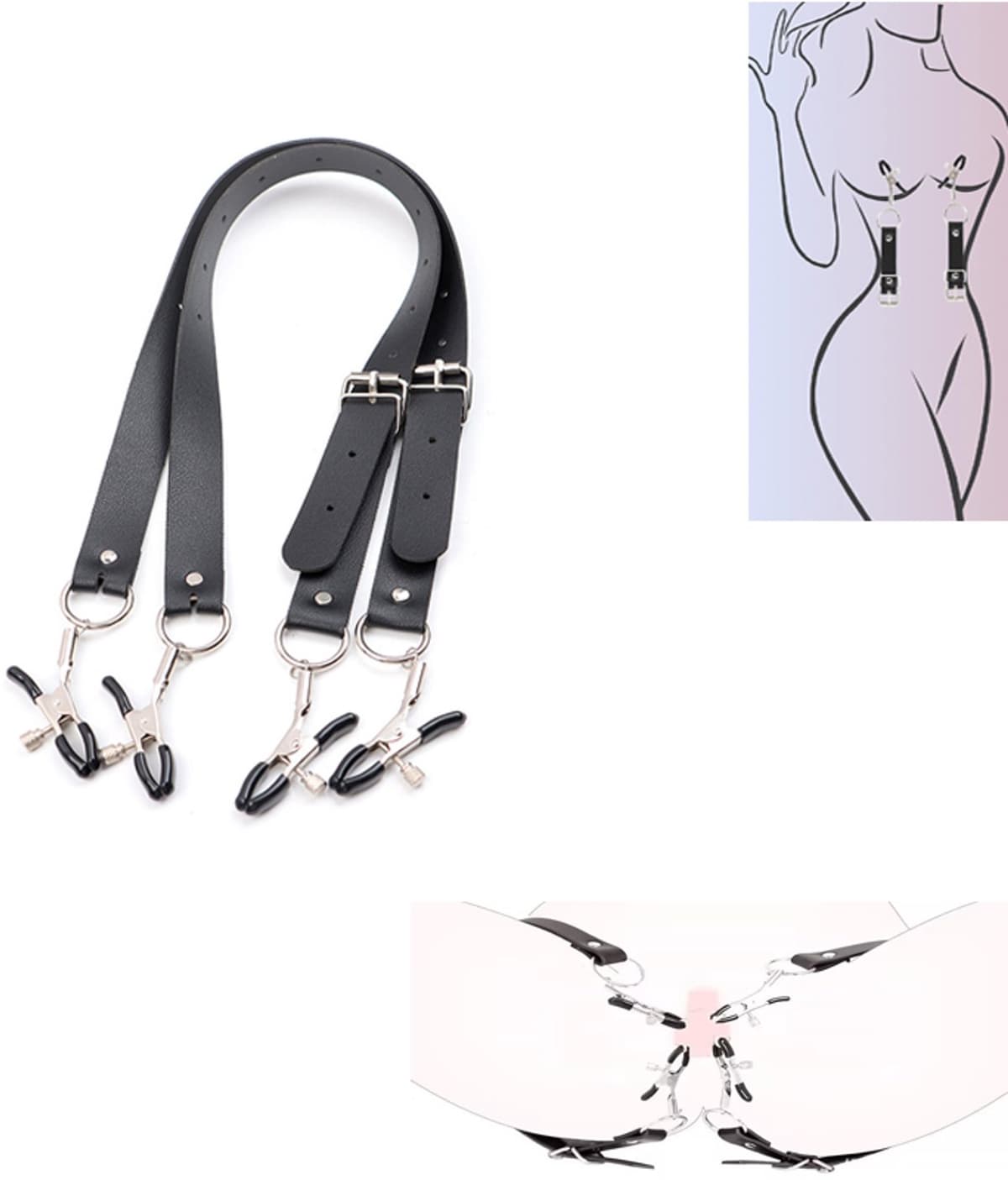 Schaamlippenspreider - Seksspeeltje - Vaginale klem - Tepelklem - Erotisch artikel - Schaamlippenspreider met frame - Bandlengte 63 cm, klem 6,7 cm - Geschikt voor het verhogen van seksueel genot - Zwart — afbeelding 1
