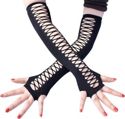 Distressed Glove, Black Punk Ripped Torn Gloves, Fingerless Mesh Gloves, Costume Handschoenen voor Cosplay Halloween — thumbnail 3
