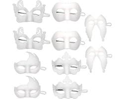 Set van 10 witte halve maskers voor een gemaskerd bal, feest, carnaval, rollenspel, opera (wit)