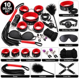 BDSM Set 10 Delig – Complete Bondage Set voor Stellen - Seksspeeltjes – Handboeien in Faux leer met bont, Enkelboeien, Halsband, Zweep, Kietelveer, tepelklemmen en Accessoires – Zwart/Rood - — thumbnail 1