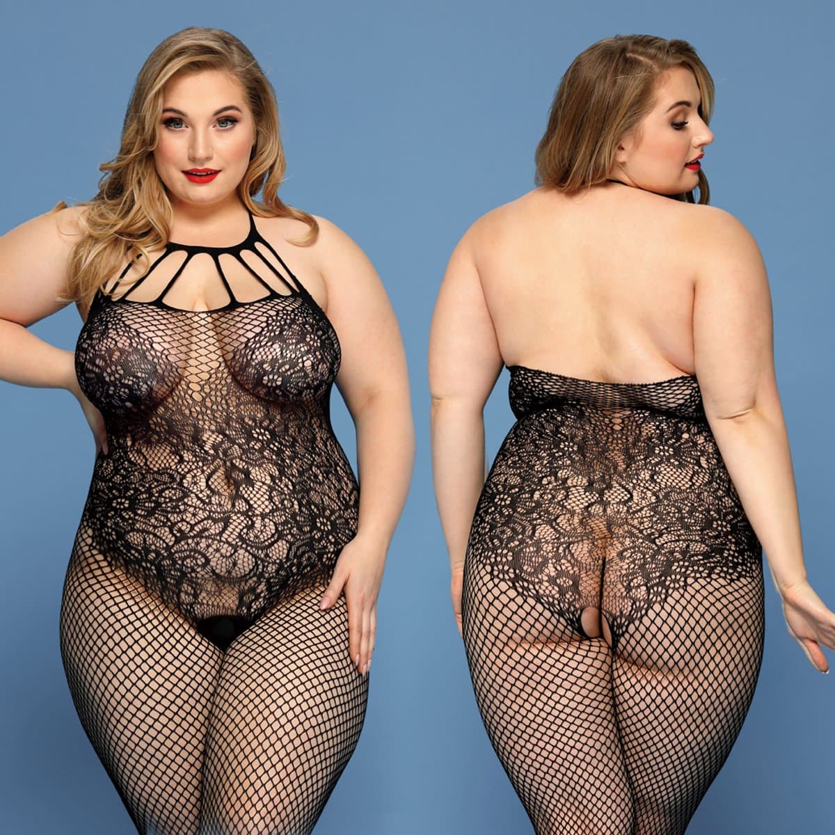 LekkerStout Plus Size Bodystocking - Zwart - Sexy Lingerie - Halter Visnet met Open Kruis - One Size XL-2XL | LS023 — afbeelding 1