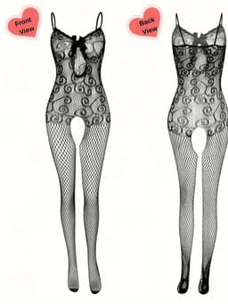 Sexy Lingerieset Dames – Erotische Lingerie – 4-delige Catsuit Set – Open Kruis Bodystockings – Zwarte Lingerie met Kant & Visnet – Verleidelijke Nachtkleding – Plus Size Friendly – One Size voor XS t/m XXL – Dare to Undress – Fierce Seduction – Maat — thumbnail 2