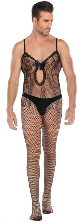 LekkerStout Heren Bodystocking - Zwart - Kant & Visnet - Open Kruis - One Size M–XL | LS116 — thumbnail 2
