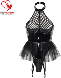 Erotische Rok Jumpsuit - Latex Wetlook - Transparante Borsten - Open Kruis - Dames — thumbnail 6