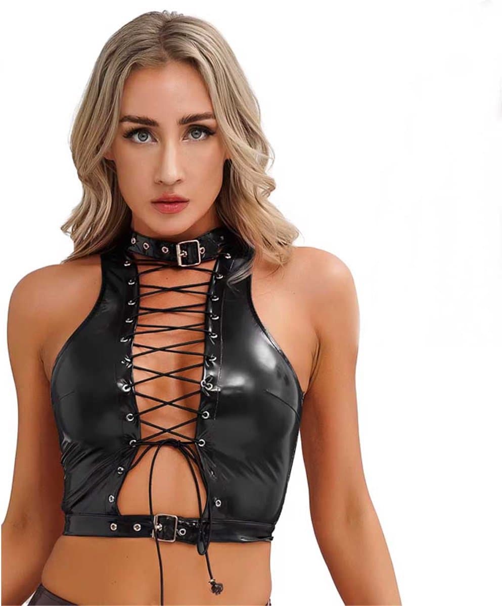 Erotische top open hollow out - PU Leder BDSM - Latex Wetlook kleren - Open borst met veters - Halsband sluiting - Sexy vrouwen kleding - RedParrot — afbeelding 1