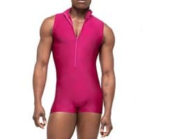 Heren Bodysuit – Mouwloos met Rits – Strakke Pasvorm – Roze – Stretch Outfit