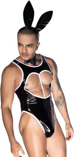 Mannen Konijnenpak in Lederen Look met Oortjes en Staart – Sexy One Size Lingerie — thumbnail 1