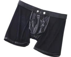 LekkerStout PU Boxershort Met lange Pijpen - Open Kruis - Zwart - Sexy Herenondergoed | L | ( LS067 )