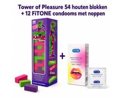 Seks spelletjes voor koppels – erotische spelletjes voor koppels – Tower of Pleasure 54 houten blokken + 12 FiTONE condooms met noppen
