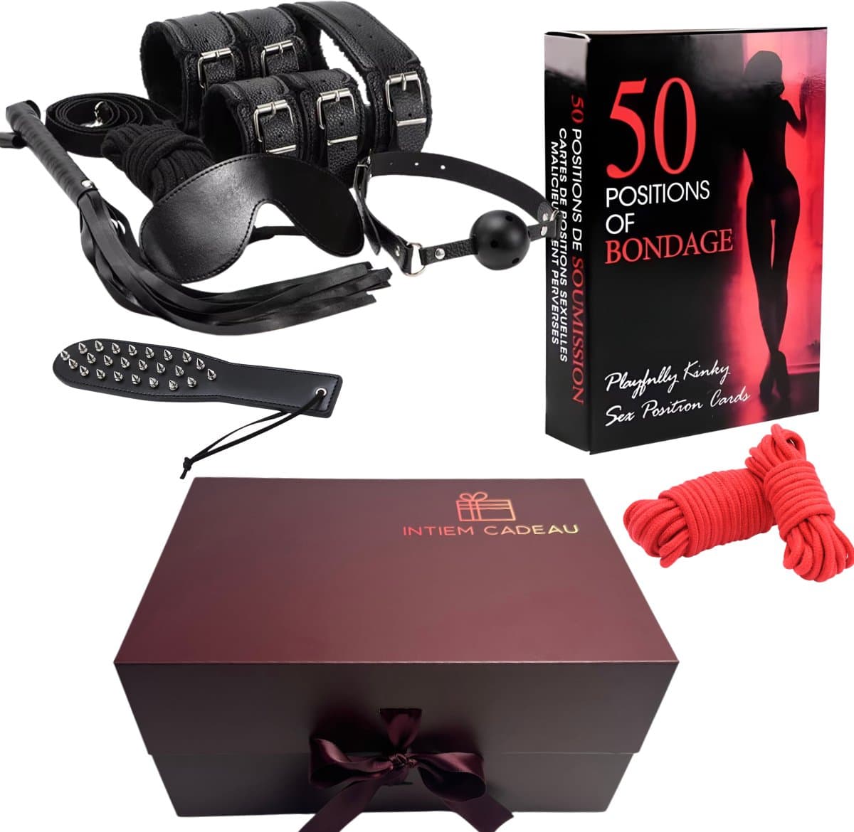 Intiem Cadeau - Koppeldoos - BDSM - BDSM Set compleet - Inclusief spel - zweep - spanking - bondage touw - halsband - mondbalhandboeien - enkelboeien - masker — afbeelding 1