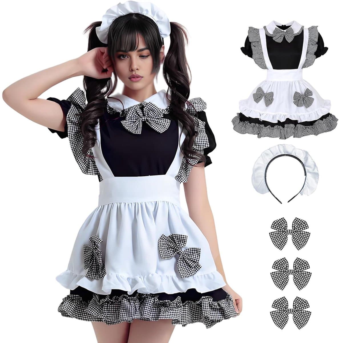 Dailygoods- Maid Kostuum Schattige Outfit - Klassieke Cosplay - Anime Cosplay - Zwart-Wit Geruit - Hoofdband - Voor Kerstmis/Halloween — afbeelding 1