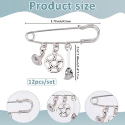 12 stuks broche met heksenhoed en bezem bedelhanger roestvrij staal heks tovenaarshoed ster reversspelden broches met pentagram hanger bedelspeld — thumbnail 5
