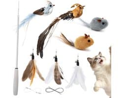 Kattenhengelspeelgoedset, uittrekbare kattenstaaf met 7 reservekoppen (2 vogels, 2 muizen, 3 veren), kattenspeelgoed veer, interactief kattenspeelgoed voor katten en kittens