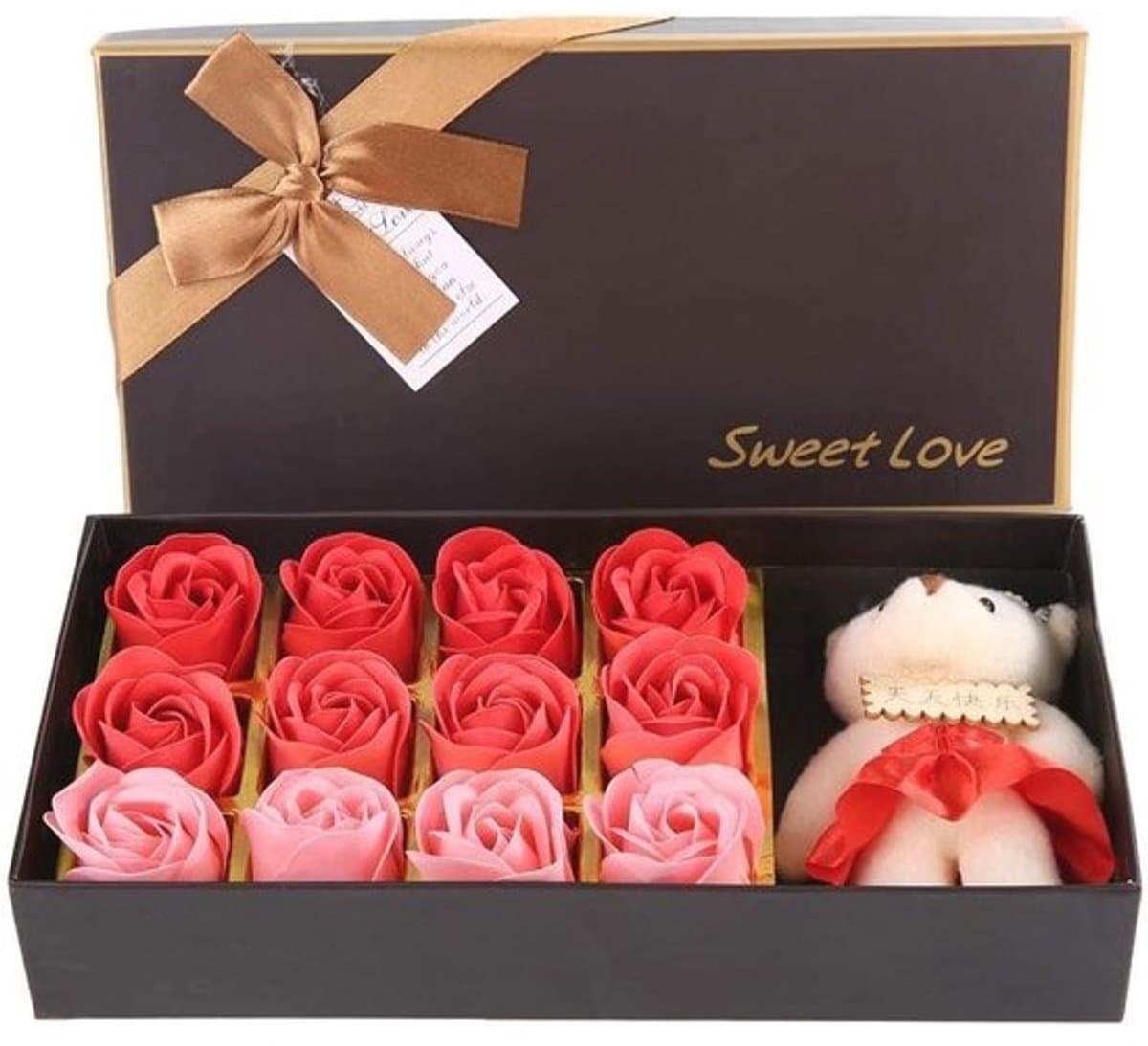 12 Rozen Zeep Bloemen Gift Set voor Vrouwen - Romantisch Valentijnsdag Cadeau met Pluche Beer — afbeelding 1