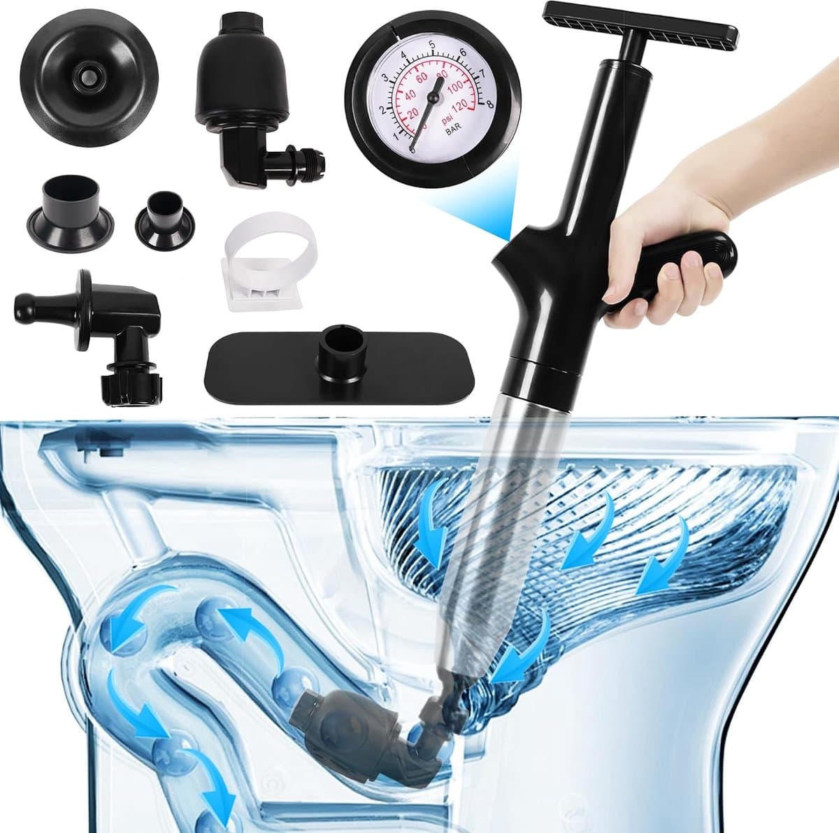 Drain Cleaner, Pump with Air Pressure Display, Compressed Air Tube Cleaner with 4 Suction Cups, Compressed Air Tube - ShopVlot — afbeelding 1