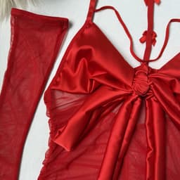Rode transparante mesh lingerie set voor vrouwen - Halter minijurk met satijnen strik, bijpassende string slip + mesh handschoenen - voor Valentijnsdag, huwelijksnacht, verjaardag en jubileum, sexy nachtjapon — thumbnail 3