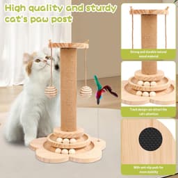 kattenspeelgoed van hout, 2-laags draaiplateau, interactief kattenspeelgoed, 3-in-1 houten kogel-kattencarrousel met 40 cm hoge krabzuil, rammelballen en veer voor katten en kittens — thumbnail 4