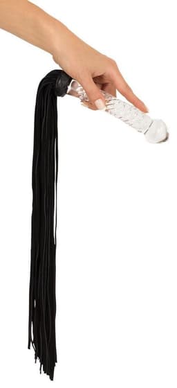 Bad Kitty – 64 cm Suède Flogger Zweep met Glazen Plug als Handvat - Zwart — thumbnail 3