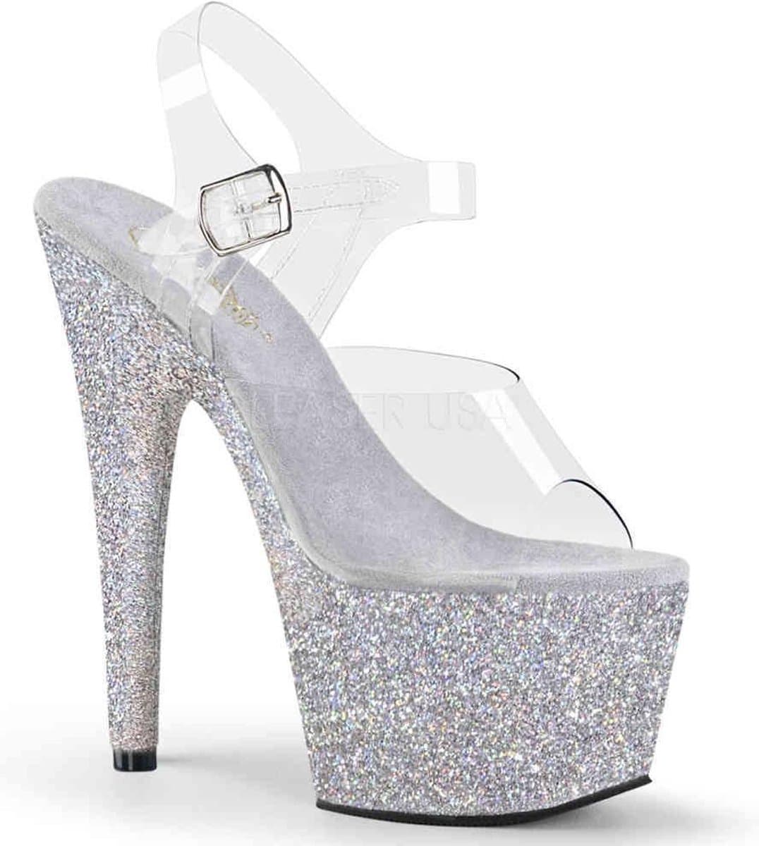 Pleaser - ADORE-708HMG Sandaal met enkelband, Paaldans schoenen - Paaldans schoenen - 42 Shoes - Zilverkleurig/Transparant — afbeelding 1