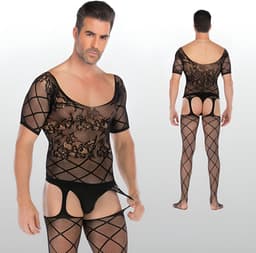 Heren Bodystocking Met Kant & Jarretels - Zwart - Erotische Herenlingerie - One Size S-XL (46-52) | LS166 — thumbnail 1