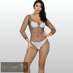 LekkerStout Visnet Catsuit met Driekwart Mouwen - Zwart - Open Kruis - One Size S-L | LS002 — thumbnail 2