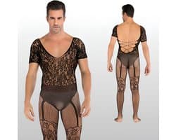 LekkerStout Heren Catsuit met Open Kruis - Zwart - Visnet Herenlingerie - One Size S-XL | LS141