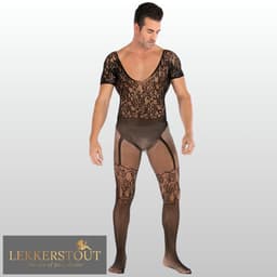 LekkerStout Heren Catsuit met Open Kruis - Zwart - Visnet Herenlingerie - One Size S-XL | LS141 — thumbnail 7
