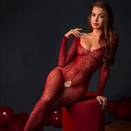 Catsuit Bordeaux Rood Visnet met Open Kruis en Lange Off-shoulder Mouwen - Sexy Lingerie - One Size S-L (36-40) | LS312 — thumbnail 1