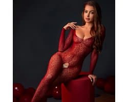 Catsuit Bordeaux Rood Visnet met Open Kruis en Lange Off-shoulder Mouwen - Sexy Lingerie - One Size S-L (36-40) | LS312