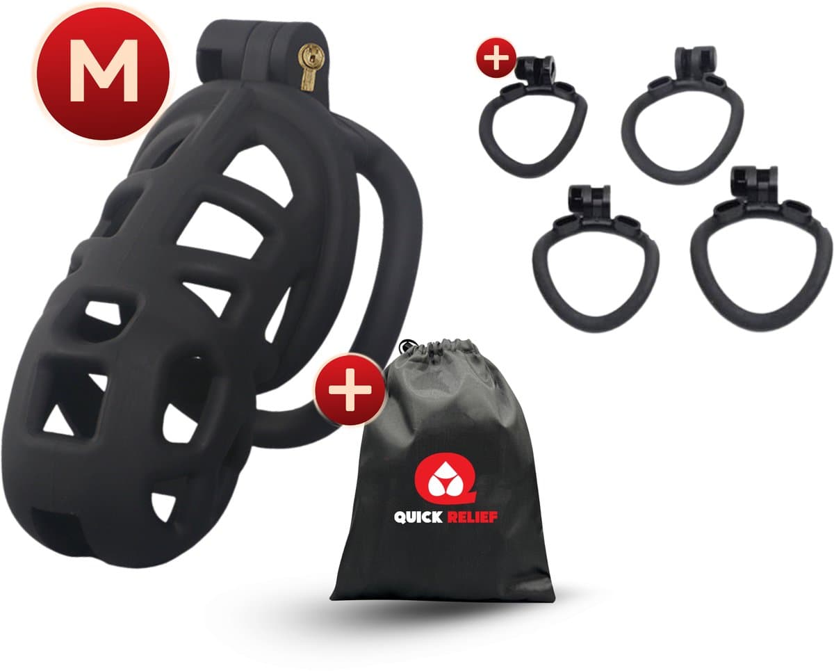 Quick Relief Elite Lock™ Medium - Chastity cage - Kuisheidskooi met 4 ringmaten - Kuisheidskooi voor Mannen - Sissy - Cock Cage - Zwart — afbeelding 1