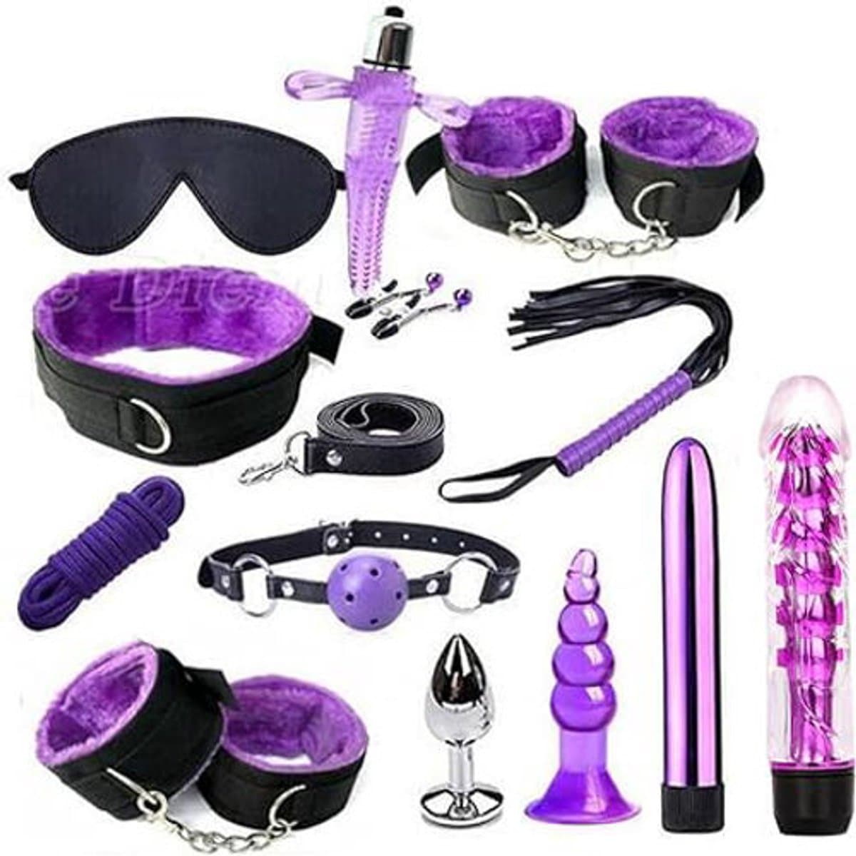 13-delige Bondage Set – Boeien & Erotische Accessoires van Leer – Ideaal voor Koppels – Beginnersvriendelijk SM Speelgoed – Inclusief Handboeien, Mondknevel, Blinddoek & Anale Plug – Violet — afbeelding 1