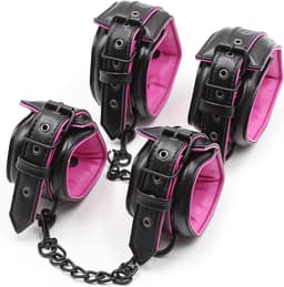Banoch | Bondageset Hot Pink - halsband,riem, handboeien en enkelbanden pu Leer- zwart - roze — thumbnail 9
