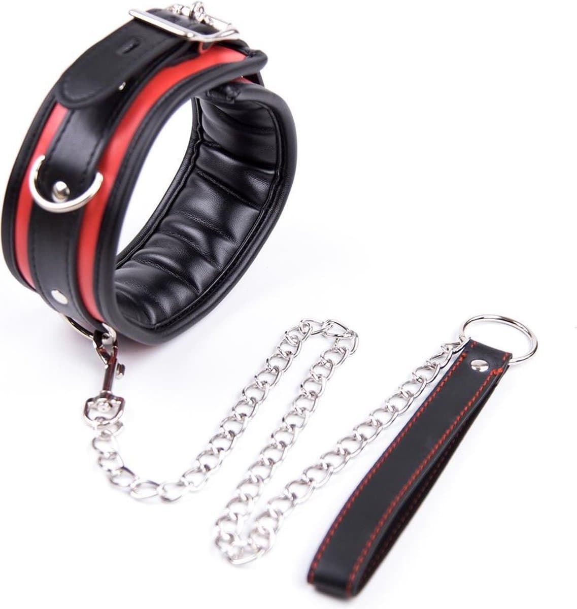 Banoch - Collar & leash Silver - Halsband en Riem - Zwart / Rood met zilver — afbeelding 1