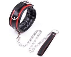 Banoch - Collar & leash Silver - Halsband en Riem - Zwart / Rood met zilver