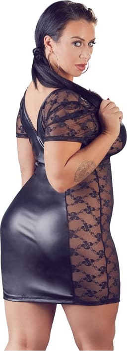 Cottelli Plus Size – Sexy Wetlook Mini Jurk met Transparante Zijstukken voor Optimaal Verleidelijkheid – Maat 3XL – Zwart — thumbnail 4