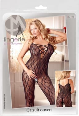 Mandy Mystery Lingerie – Sexy Catsuit Halter Model Klittenband met Vrije Borsten en Open Kruis – Maat XL / 2XL - Zwart — thumbnail 8