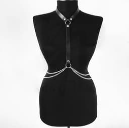 Lederen bodychain harnas BSM - RVS ketting - Verstelbaar - Gespsluiting - Riem - Borst - SM - Seks — thumbnail 2