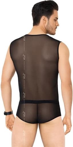Wetlook heren shirt en slip met netstof details zwart XL — thumbnail 2