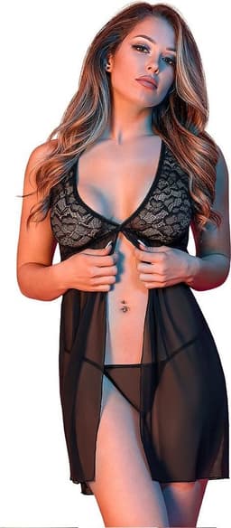 Magic Silk Babydoll met Open Rug & G-String Set - XXL black Queen Size — thumbnail 5