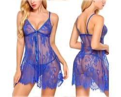 Prachtige complete Sexy NachtJurk met String, Nachtmode voor Dames, sexy Lingerie,Sexy Pyjama dames babydoll, Nachtjapon  "Blauwe",maatM
