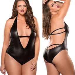 PU Leder bodysuit grotere maten - Erotische jumpsuit plus size - Latex Wetlook - 3XL t/m 5XL — thumbnail 1